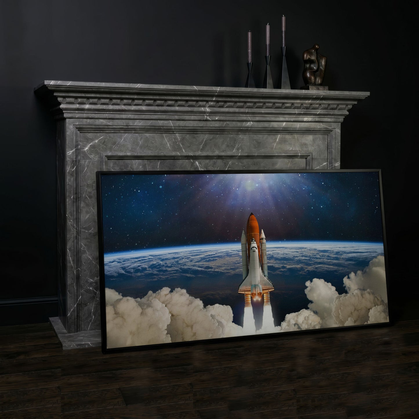 Rocket Launch Canvas Print, Space Shuttle Over Earth in black floating frame