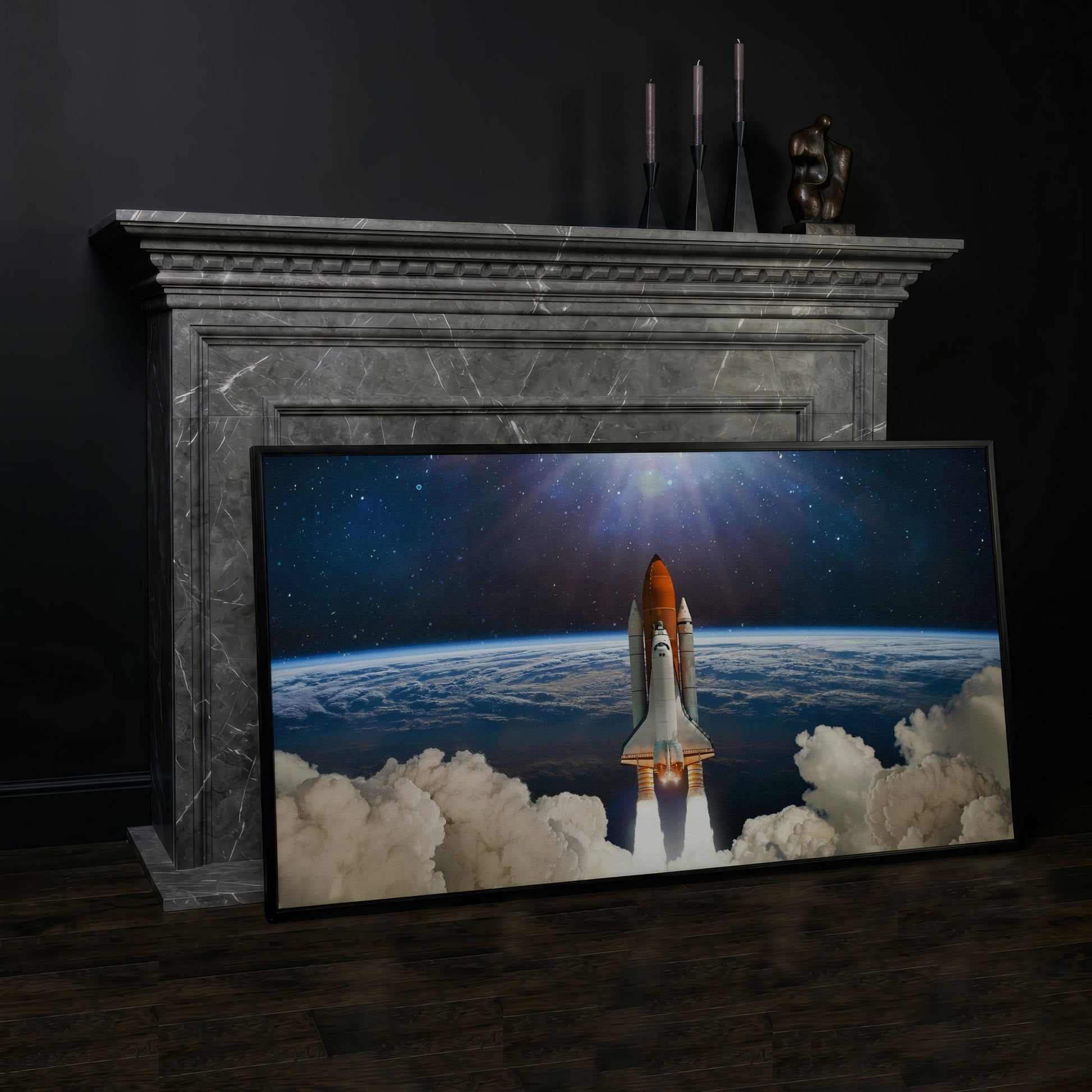 Rocket Launch Canvas Print, Space Shuttle Over Earth in black floating frame