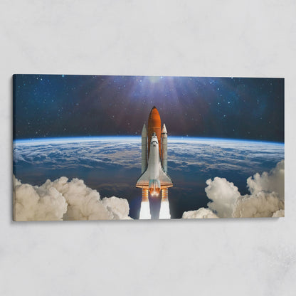 Rocket Launch Canvas Print, Space Shuttle Over Earth on gallery wrap