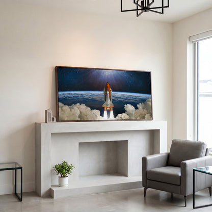 Rocket Launch Canvas Print, Space Shuttle Over Earth in dark walnut floating frame