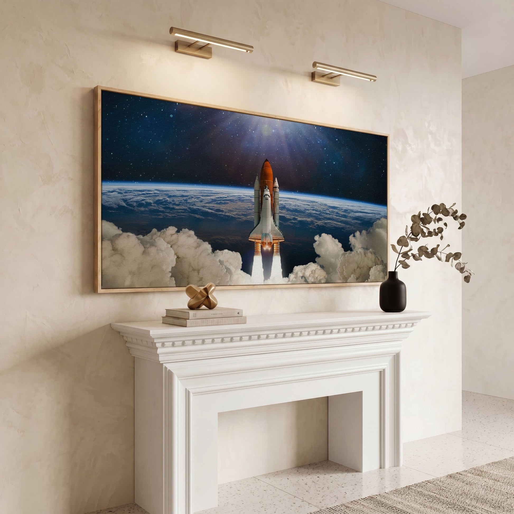 Rocket Launch Canvas Print, Space Shuttle Over Earth in white oak floating frame
