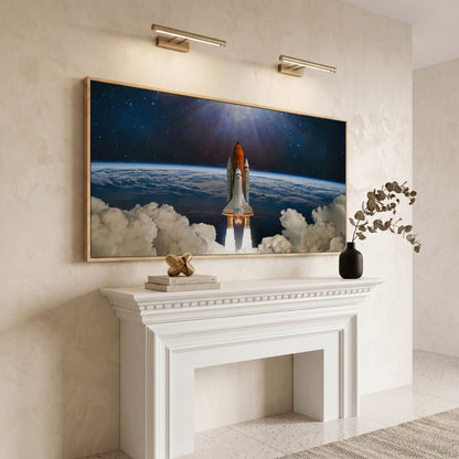 Rocket Launch Canvas Print, Space Shuttle Over Earth in white oak floating frame