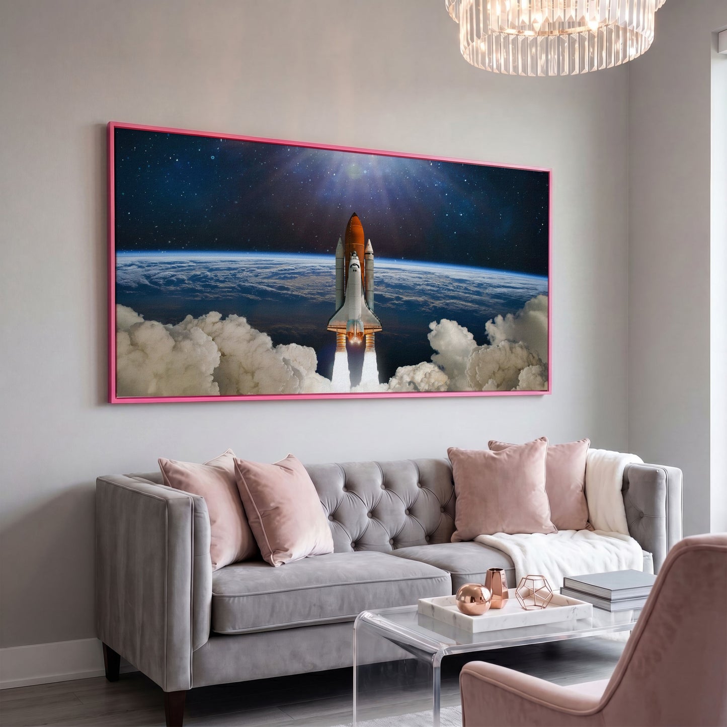 Rocket Launch Canvas Print, Space Shuttle Over Earth in pink floating frame