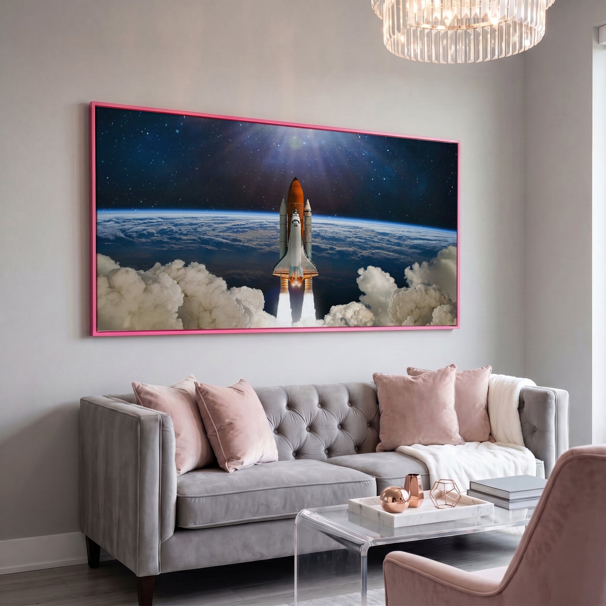 Rocket Launch Canvas Print, Space Shuttle Over Earth in pink floating frame
