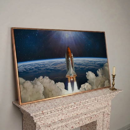 Rocket Launch Canvas Print, Space Shuttle Over Earth in rose gold floating frame