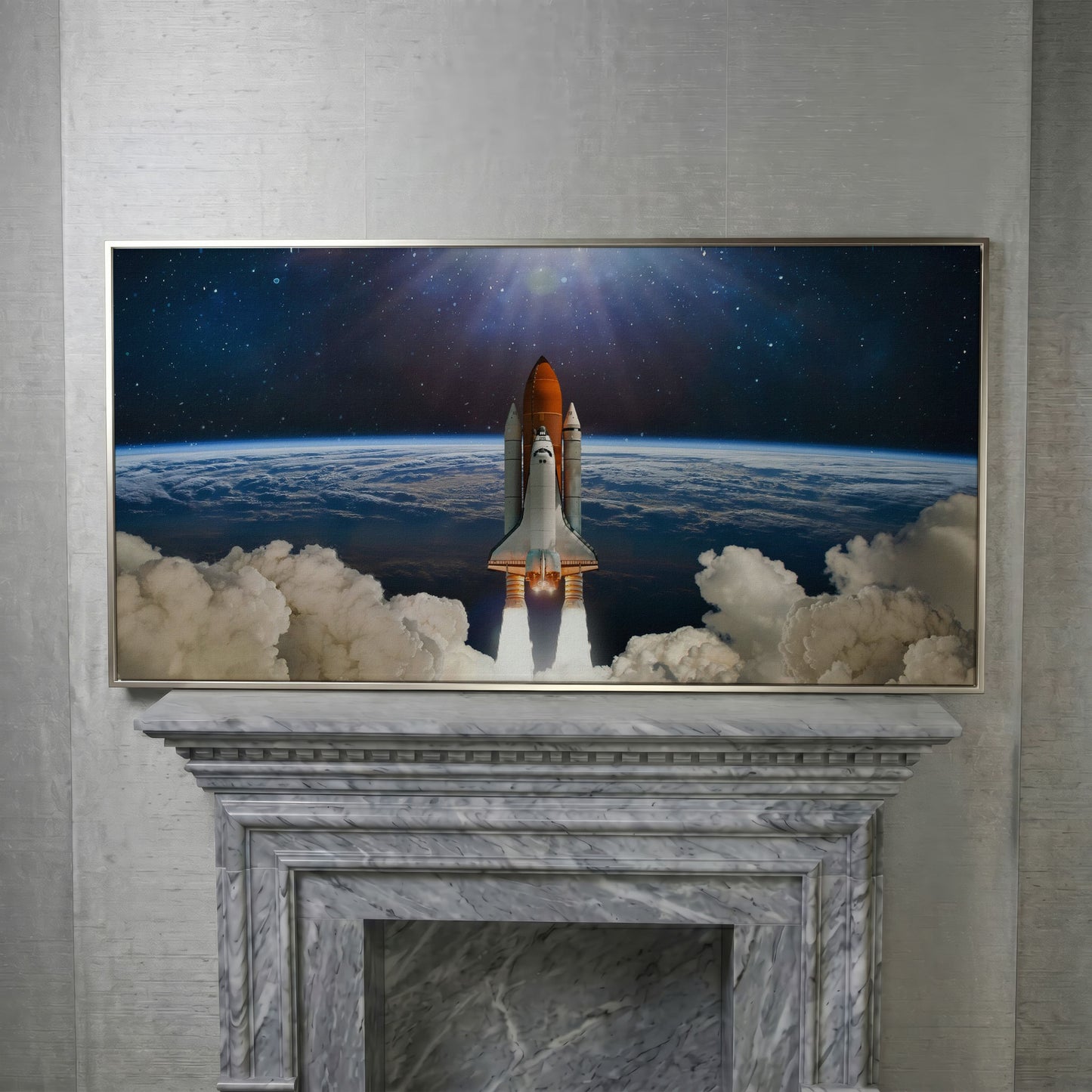 Rocket Launch Canvas Print, Space Shuttle Over Earth in silver floating frame