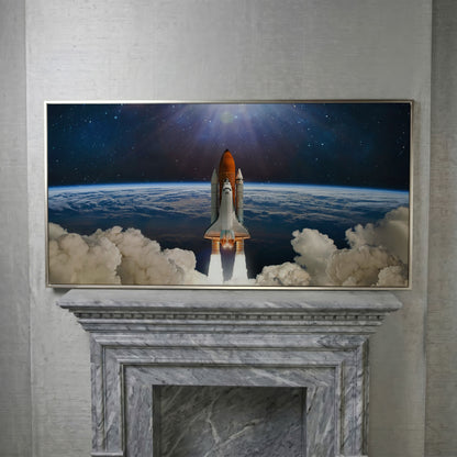 Rocket Launch Canvas Print, Space Shuttle Over Earth in silver floating frame