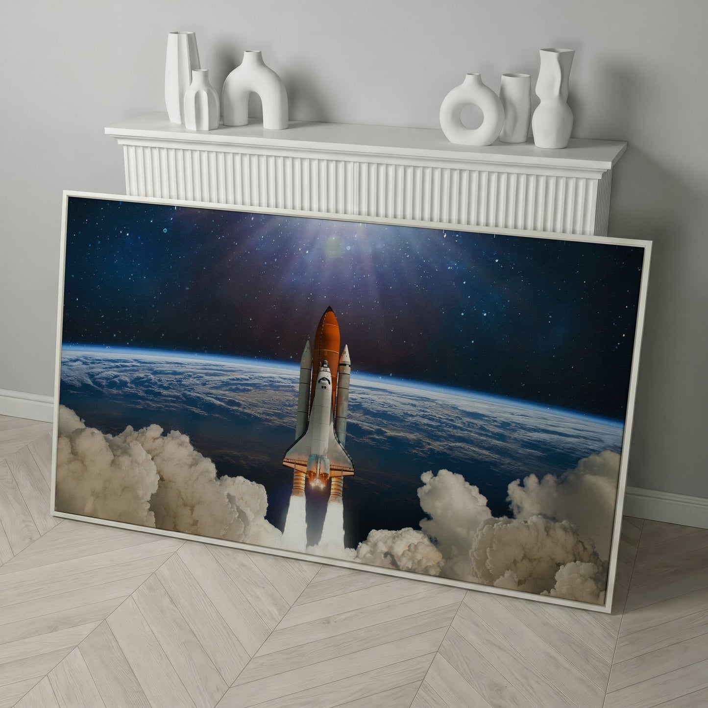 Rocket Launch Canvas Print, Space Shuttle Over Earth in white floating frame