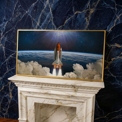 Rocket Launch Canvas Print, Space Shuttle Over Earth in yellow gold floating frame