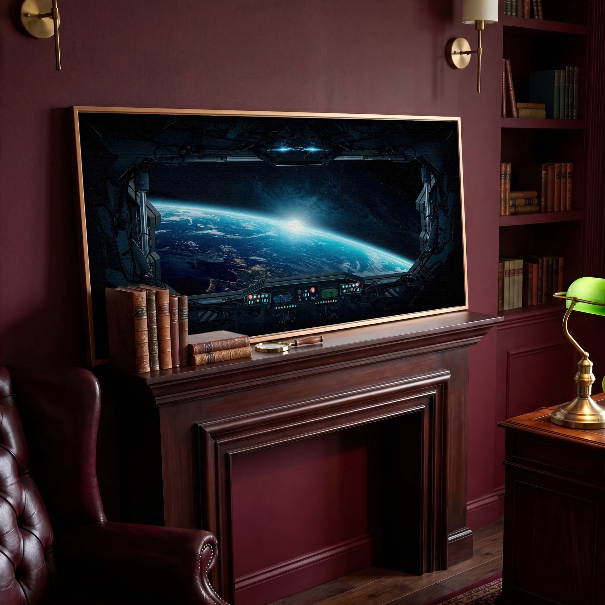 Earth from Space Station Canvas in antique gold floating frame