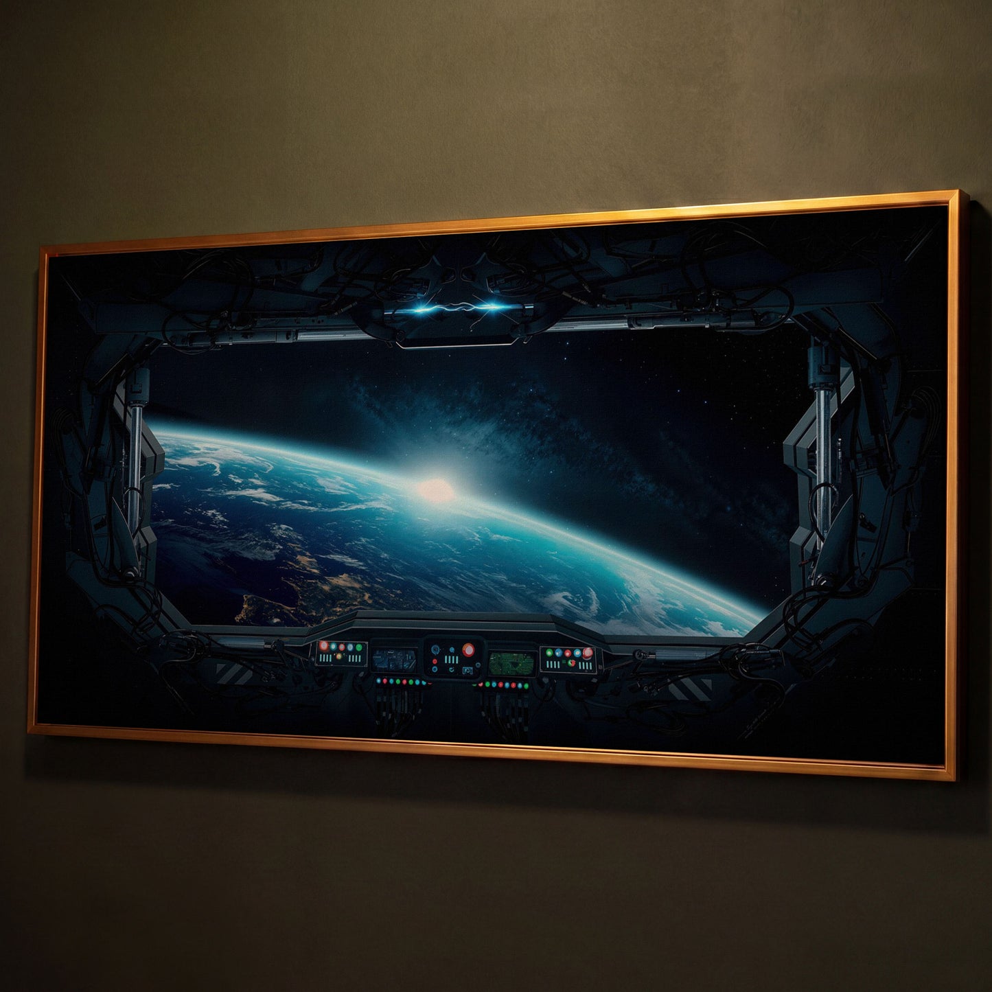 Earth from Space Station Canvas shown in antique gold floating frame