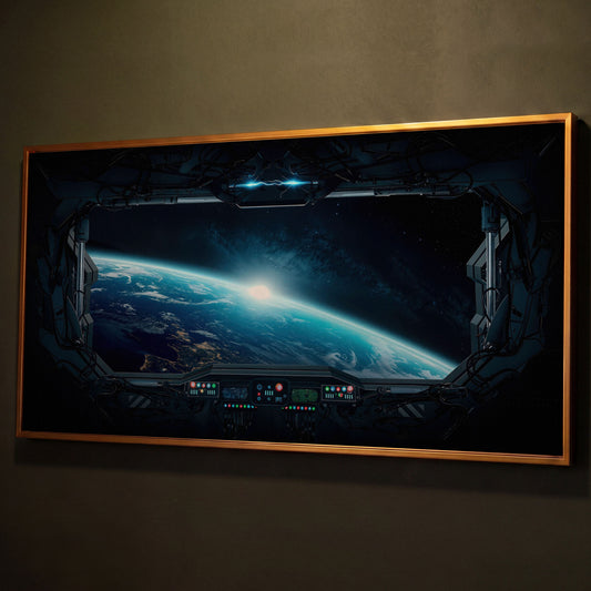 Earth from Space Station Canvas shown in antique gold floating frame