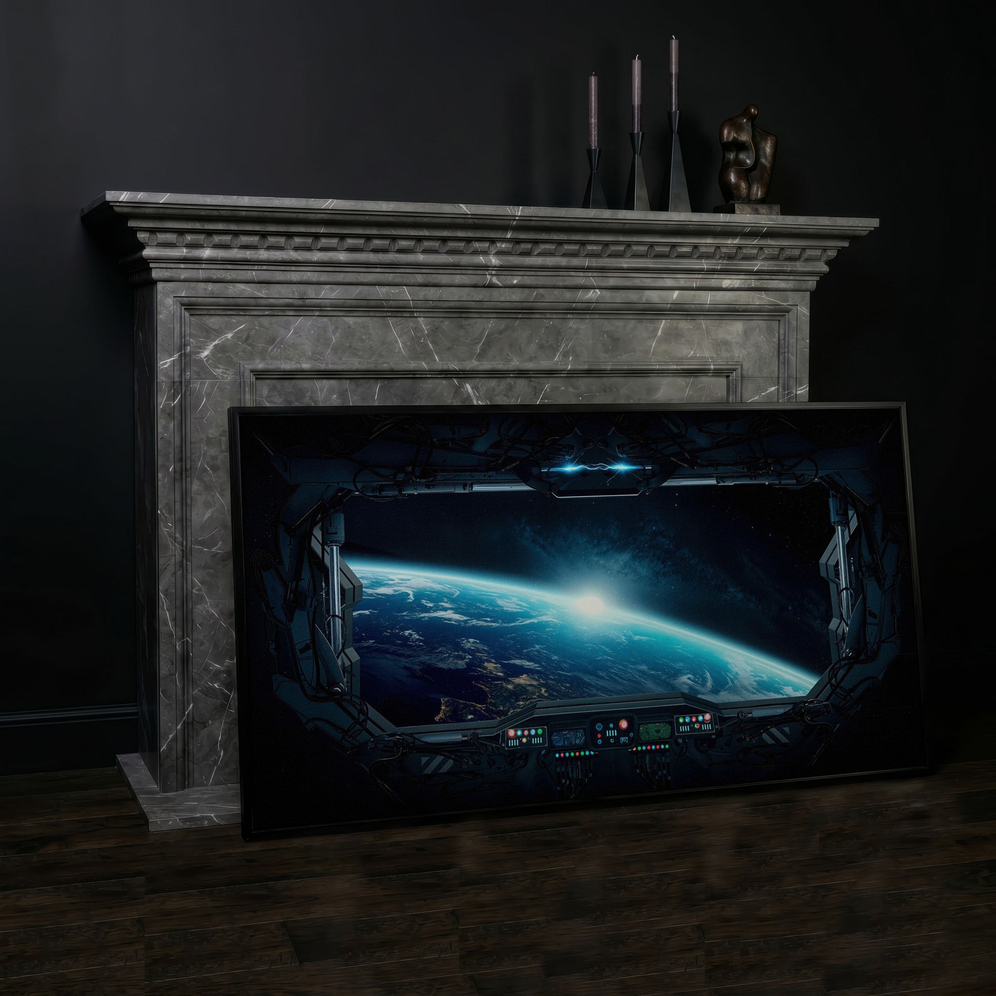 Earth from Space Station Canvas in black floating frame