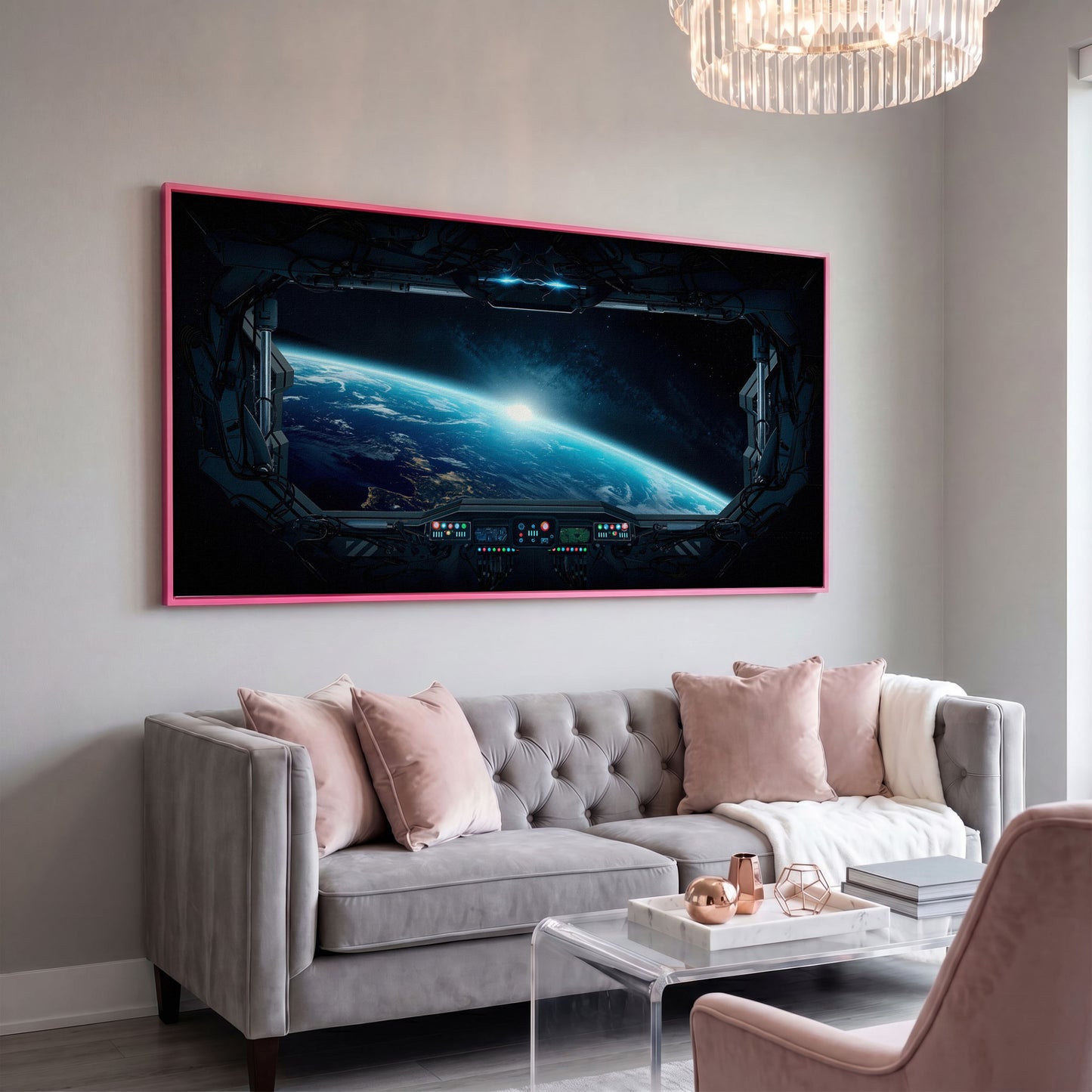 Earth from Space Station Canvas in pink floating frame