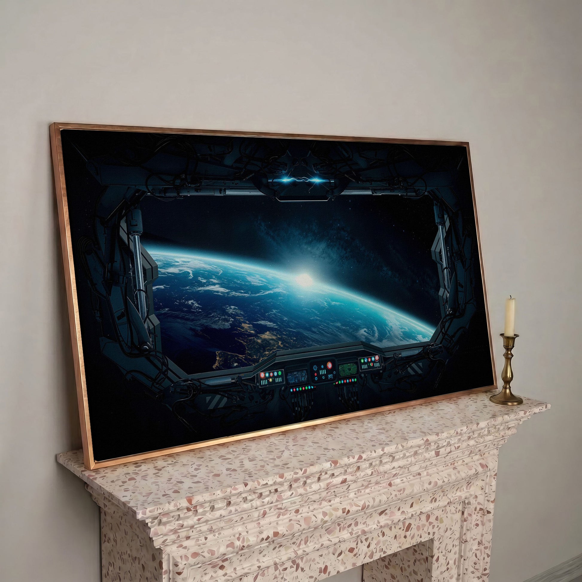 Earth from Space Station Canvas in rose gold floating frame