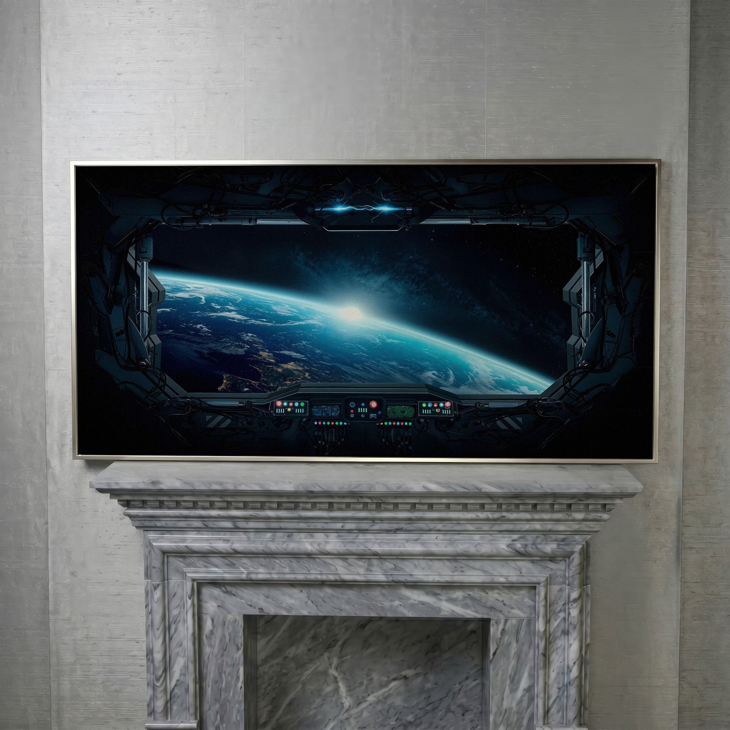 Earth from Space Station Canvas in silver floating frame