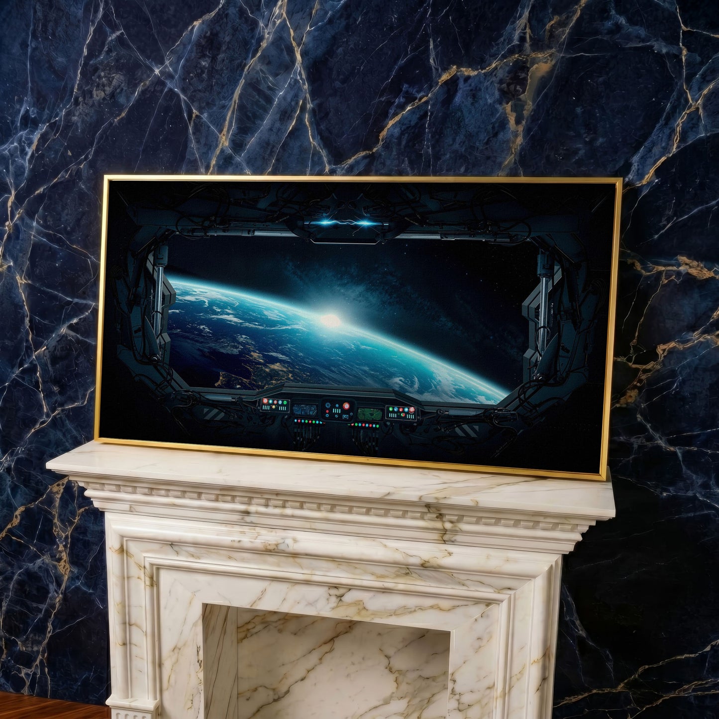 Earth from Space Station Canvas in yellow gold floating frame