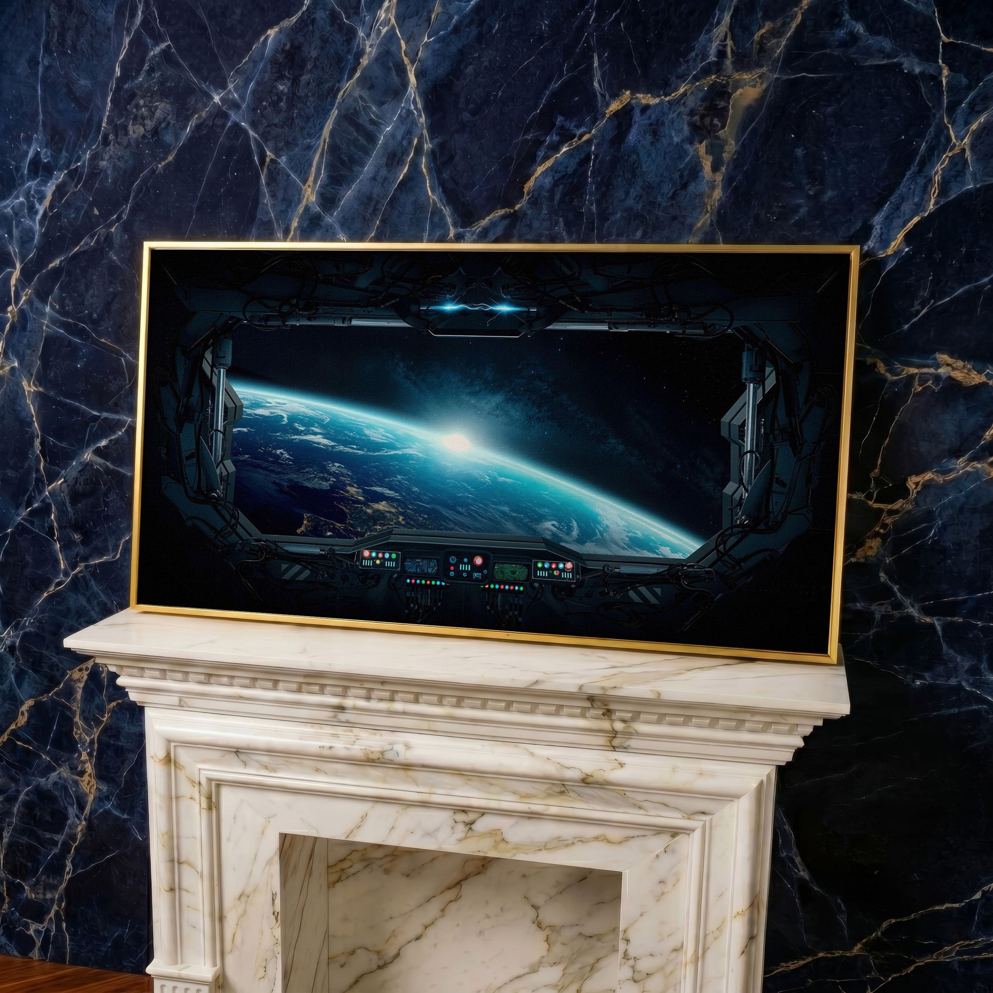 Earth from Space Station Canvas in yellow gold floating frame