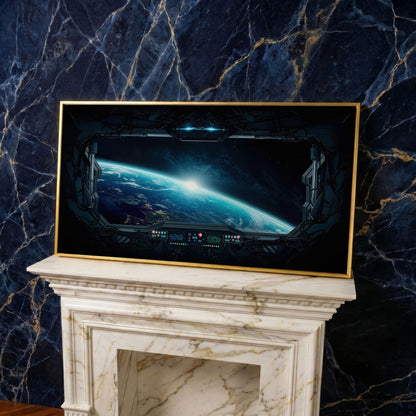 Earth from Space Station Canvas in yellow gold floating frame