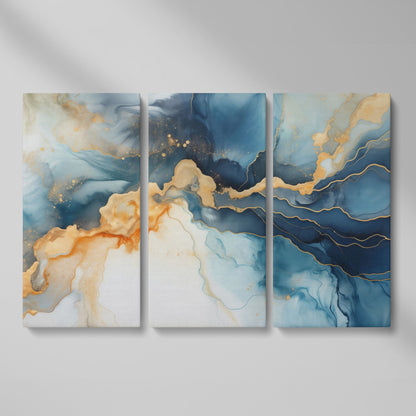 Abstract Liquid Marble Canvas in Navy and Gold as 3-panel split version