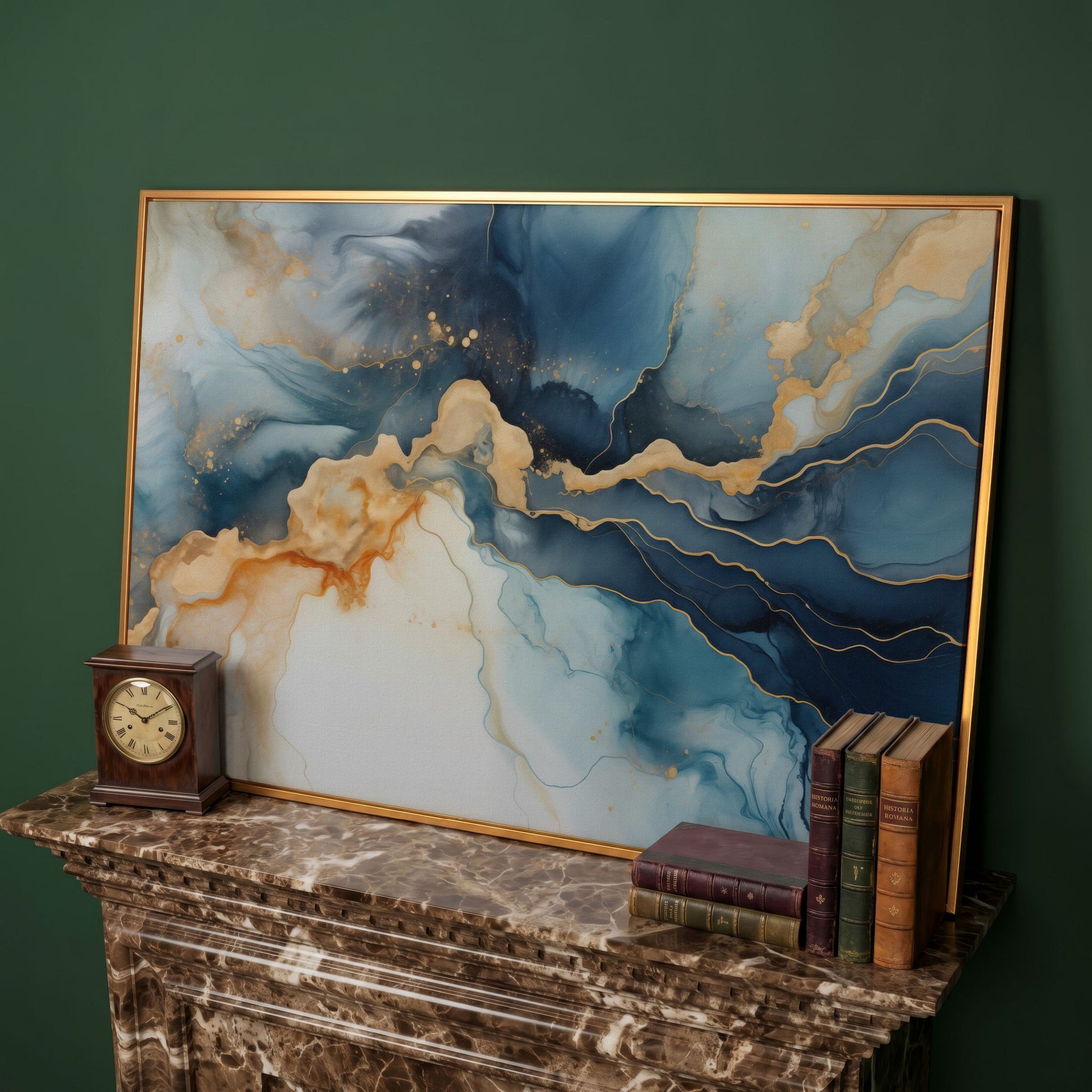 Abstract Liquid Marble Canvas in Navy and Gold in antique gold floating frame