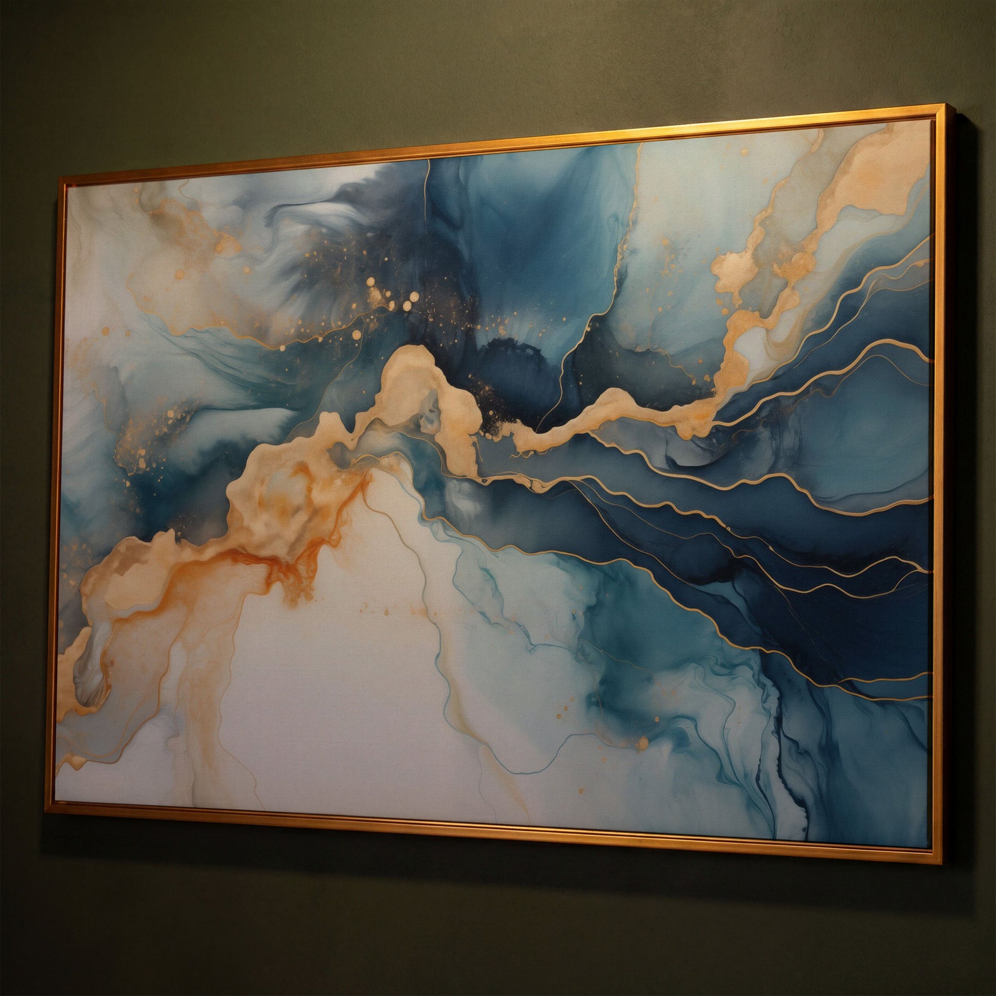 Abstract Liquid Marble Canvas in Navy and Gold shown in antique gold floating frame