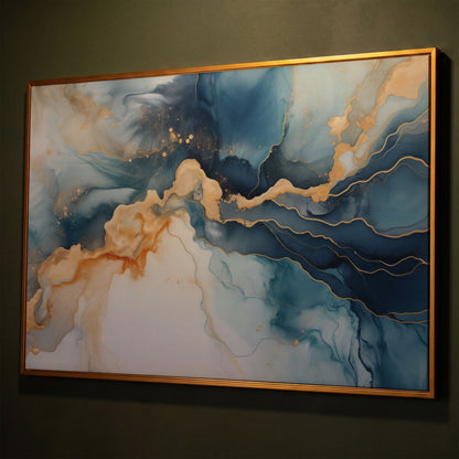 Abstract Liquid Marble Canvas in Navy and Gold shown in antique gold floating frame
