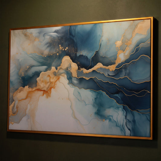 Abstract Liquid Marble Canvas in Navy and Gold shown in antique gold floating frame