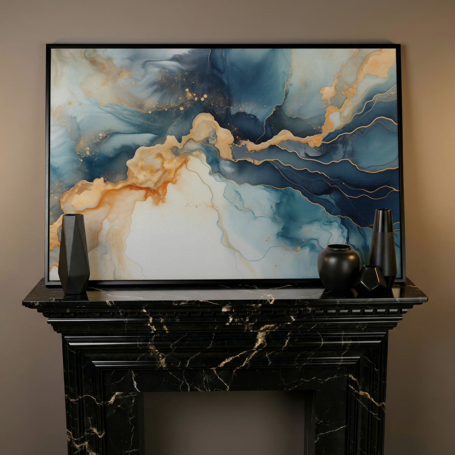 Abstract Liquid Marble Canvas in Navy and Gold in black floating frame