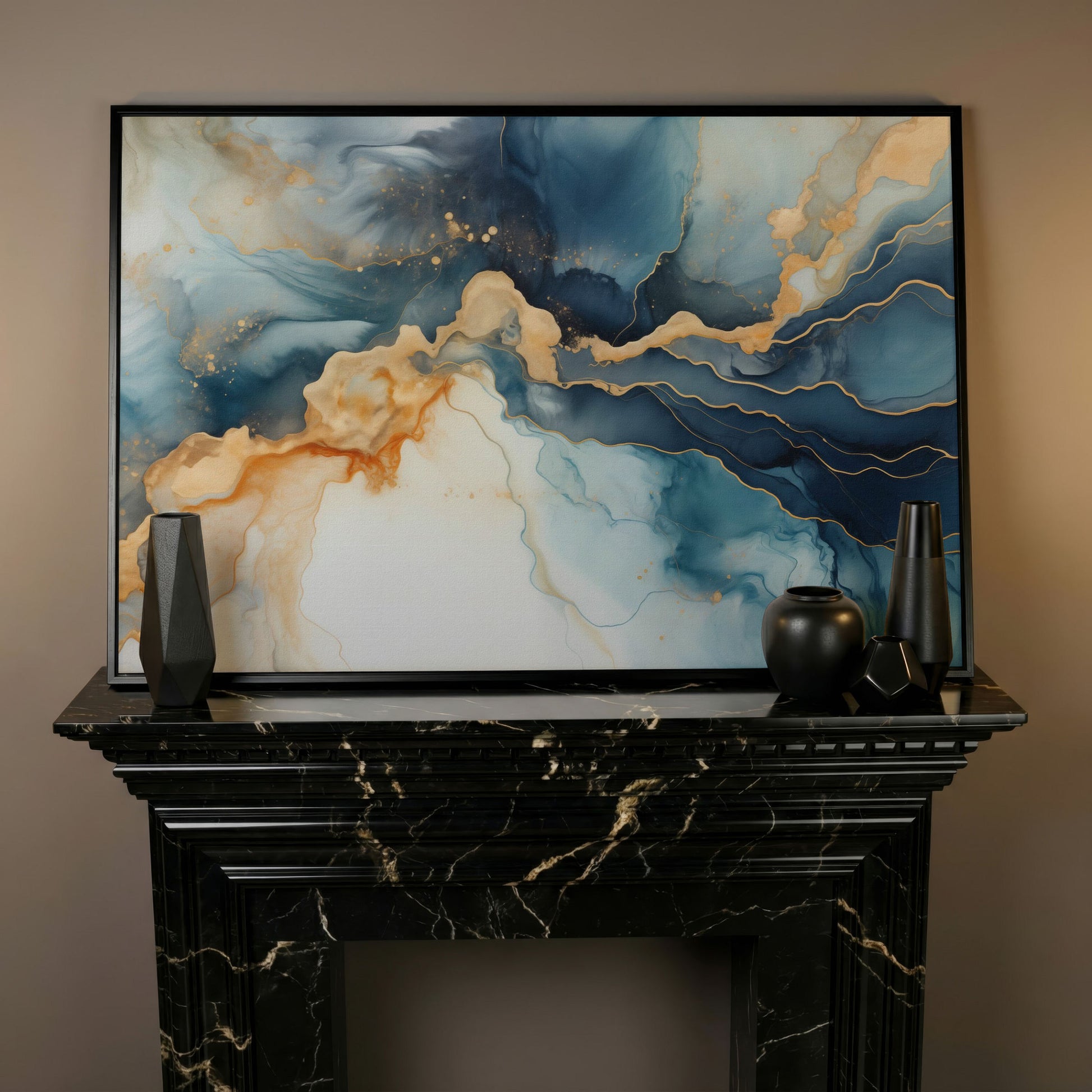 Abstract Liquid Marble Canvas in Navy and Gold in black floating frame