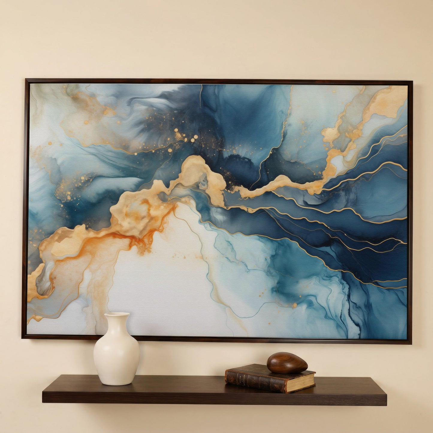 Abstract Liquid Marble Canvas in Navy and Gold in dark walnut floating frame