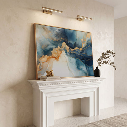 Abstract Liquid Marble Canvas in Navy and Gold in white oak floating frame