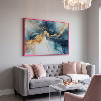 Abstract Liquid Marble Canvas in Navy and Gold in pink floating frame
