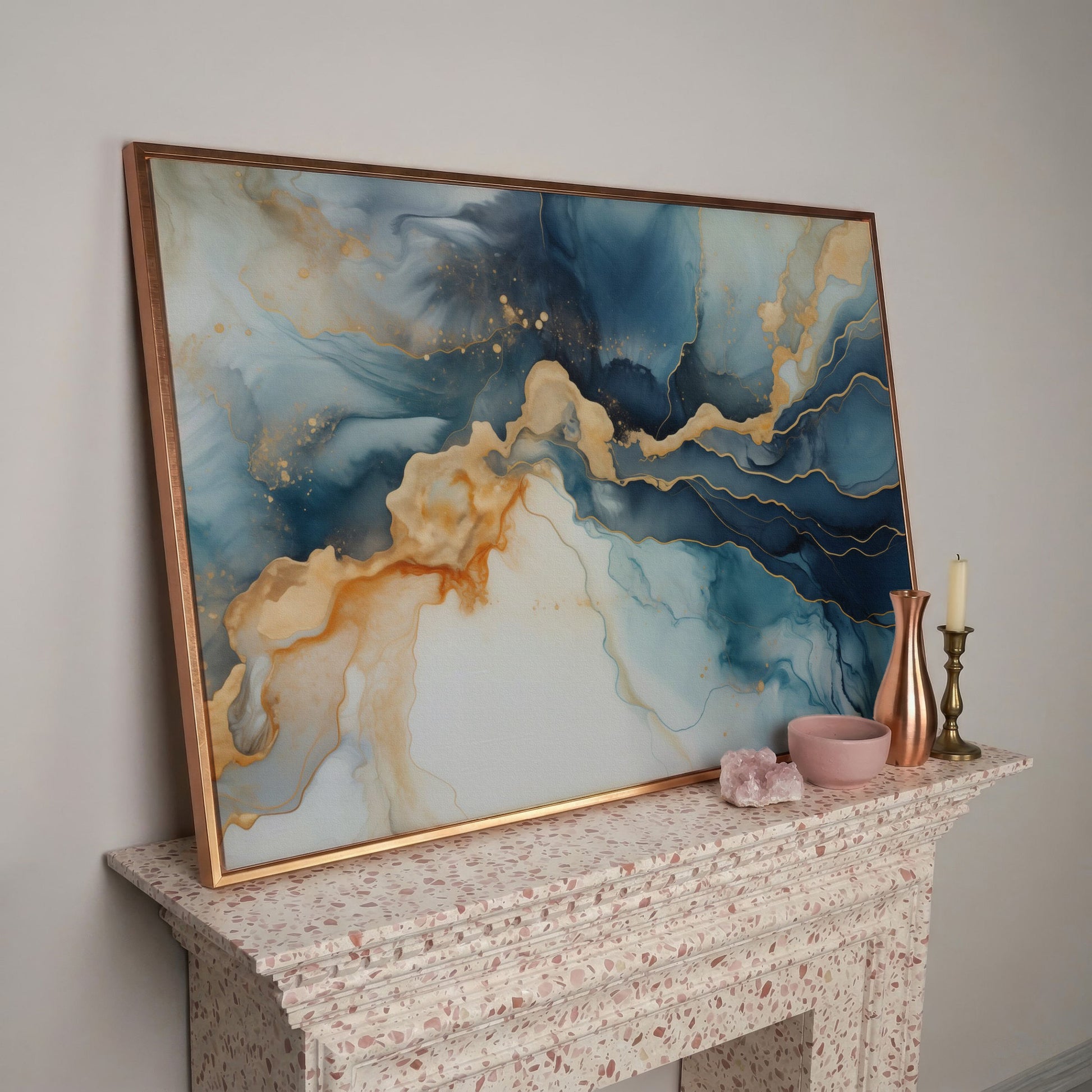 Abstract Liquid Marble Canvas in Navy and Gold in rose gold floating frame