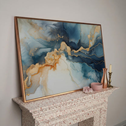 Abstract Liquid Marble Canvas in Navy and Gold in rose gold floating frame