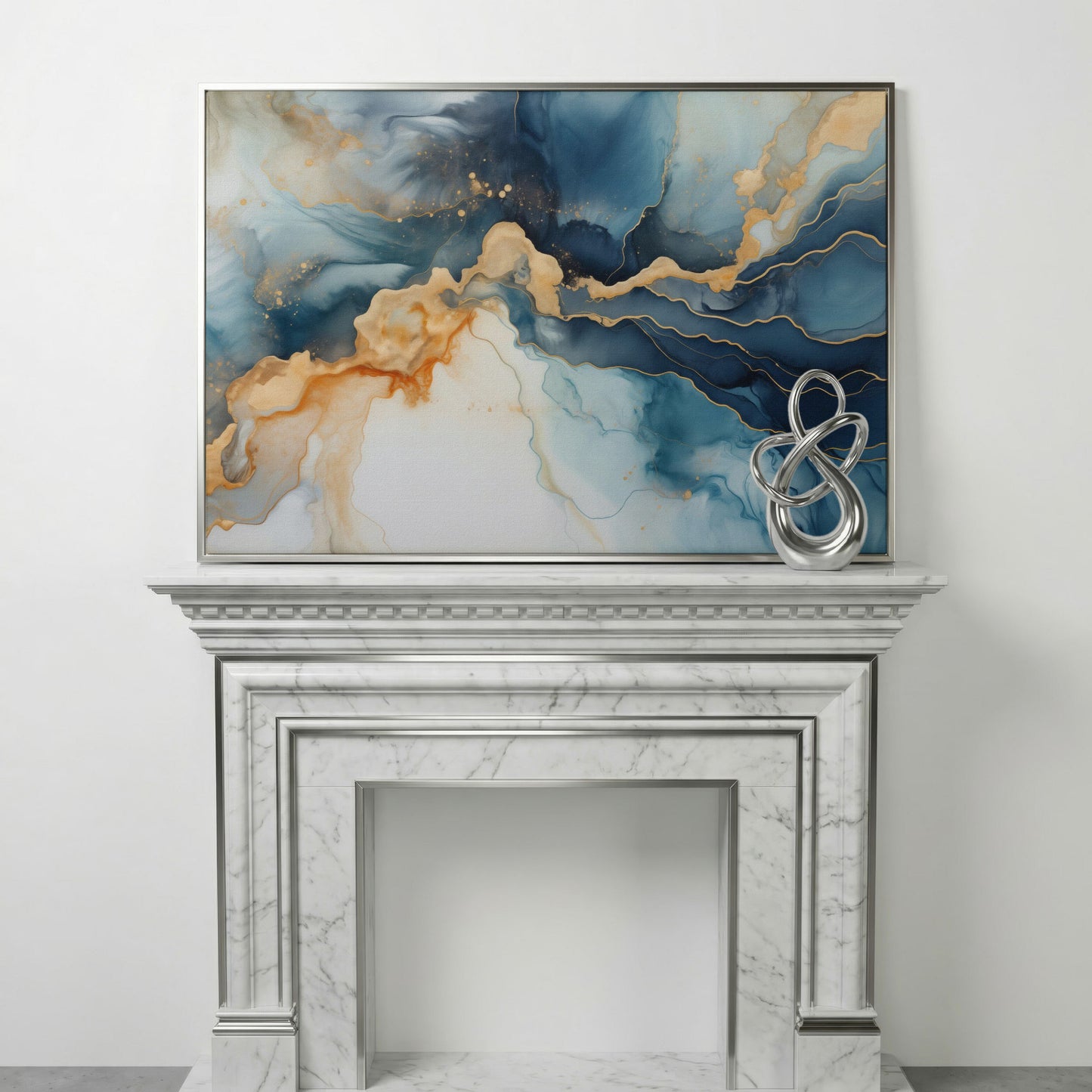 Abstract Liquid Marble Canvas in Navy and Gold in silver floating frame