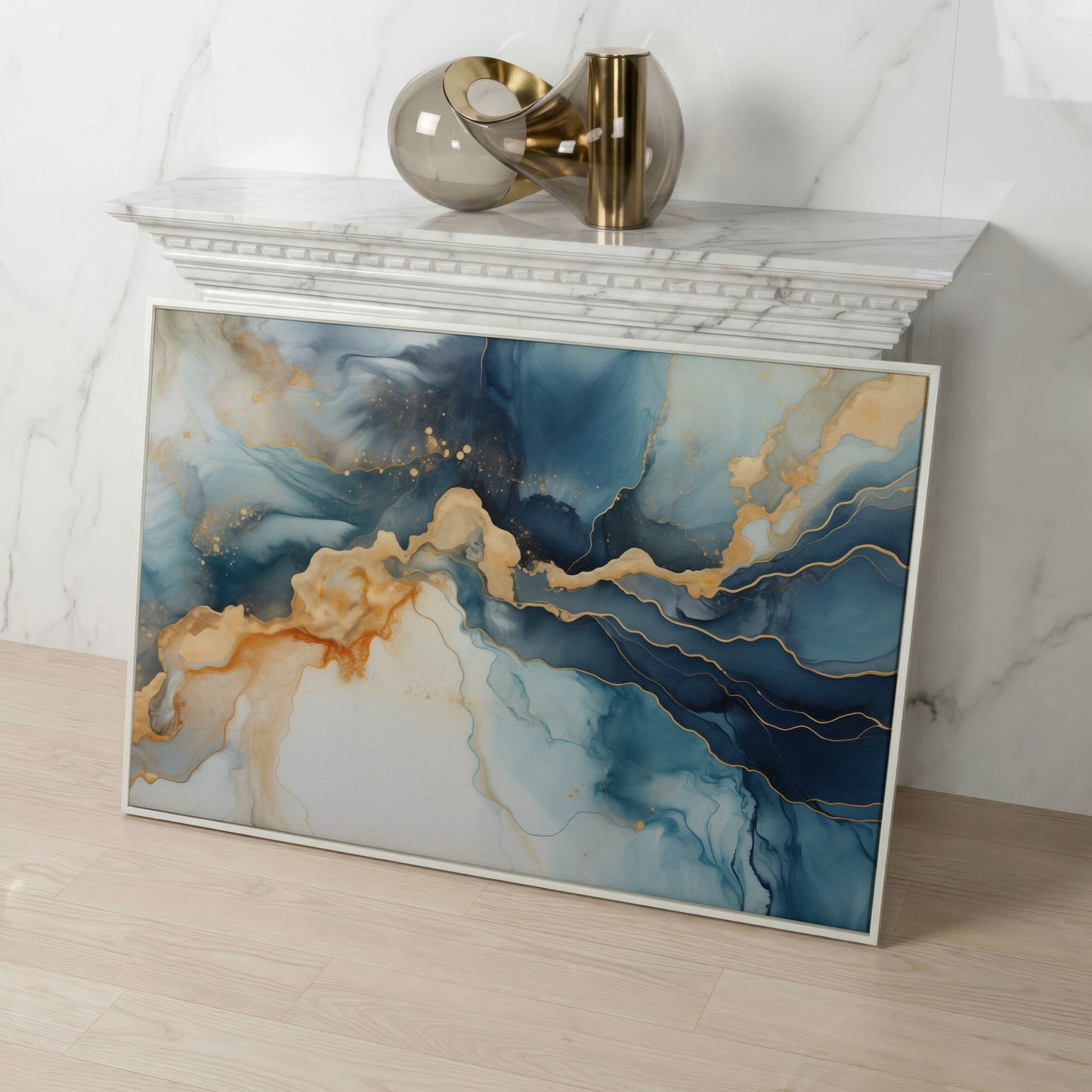 Abstract Liquid Marble Canvas in Navy and Gold in white floating frame