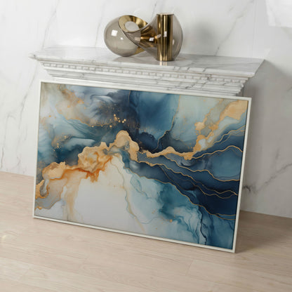 Abstract Liquid Marble Canvas in Navy and Gold in white floating frame