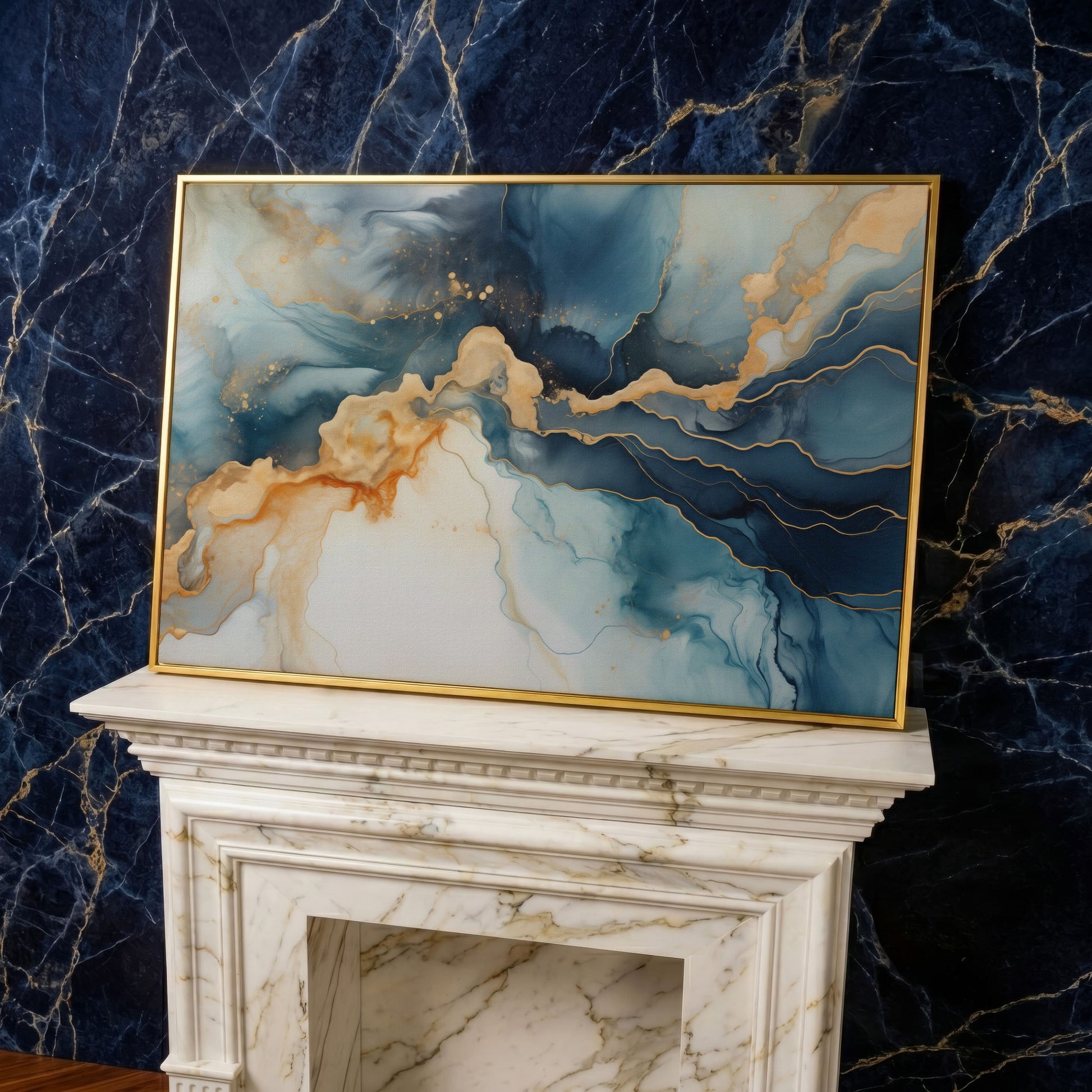Abstract Liquid Marble Canvas in Navy and Gold in yellow gold floating frame