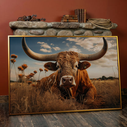 Texas Longhorn Cow Canvas Print for Rustic Interiors in antique gold floating frame