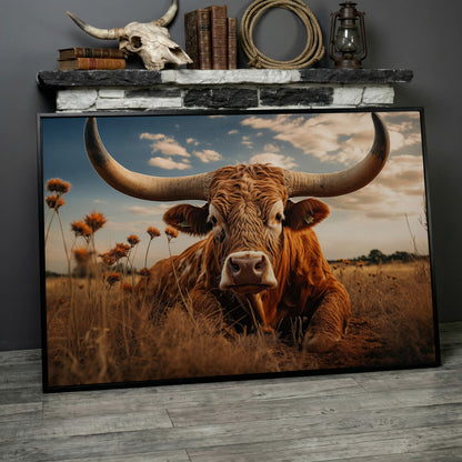 Texas Longhorn Cow Canvas Print for Rustic Interiors in black floating frame