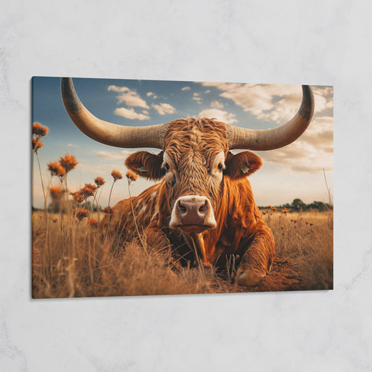 Texas Longhorn Cow Canvas Print for Rustic Interiors on gallery wrap