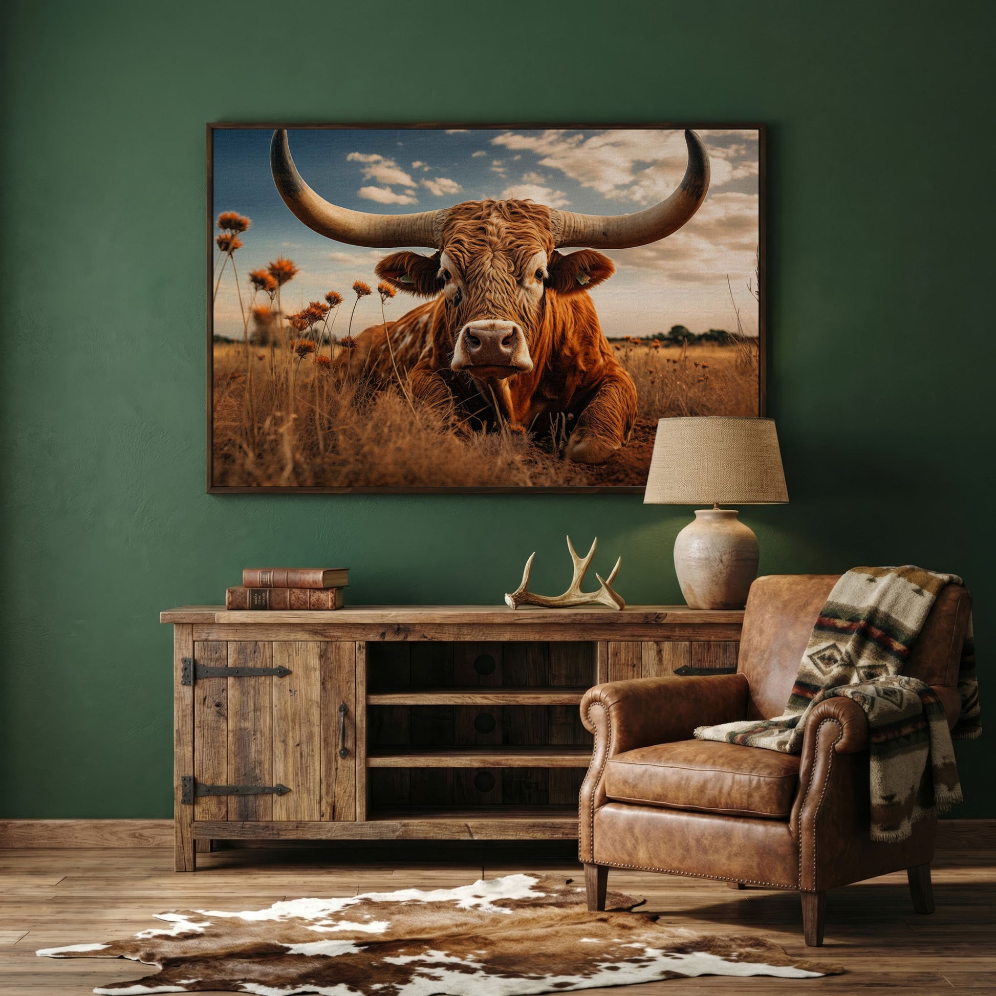 Texas Longhorn Cow Canvas Print for Rustic Interiors in dark walnut floating frame