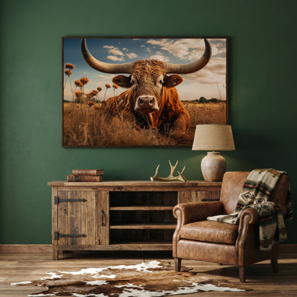 Texas Longhorn Cow Canvas Print for Rustic Interiors in dark walnut floating frame