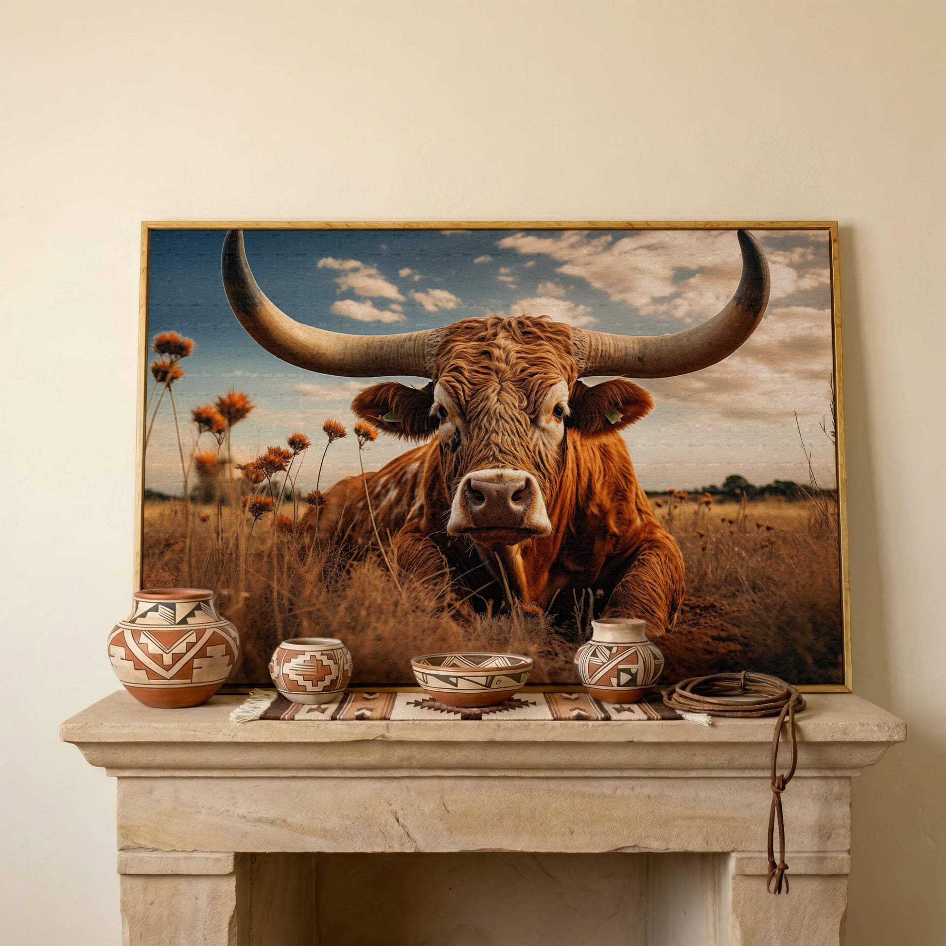 Texas Longhorn Cow Canvas Print for Rustic Interiors in white oak floating frame