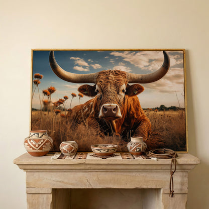 Texas Longhorn Cow Canvas Print for Rustic Interiors in white oak floating frame