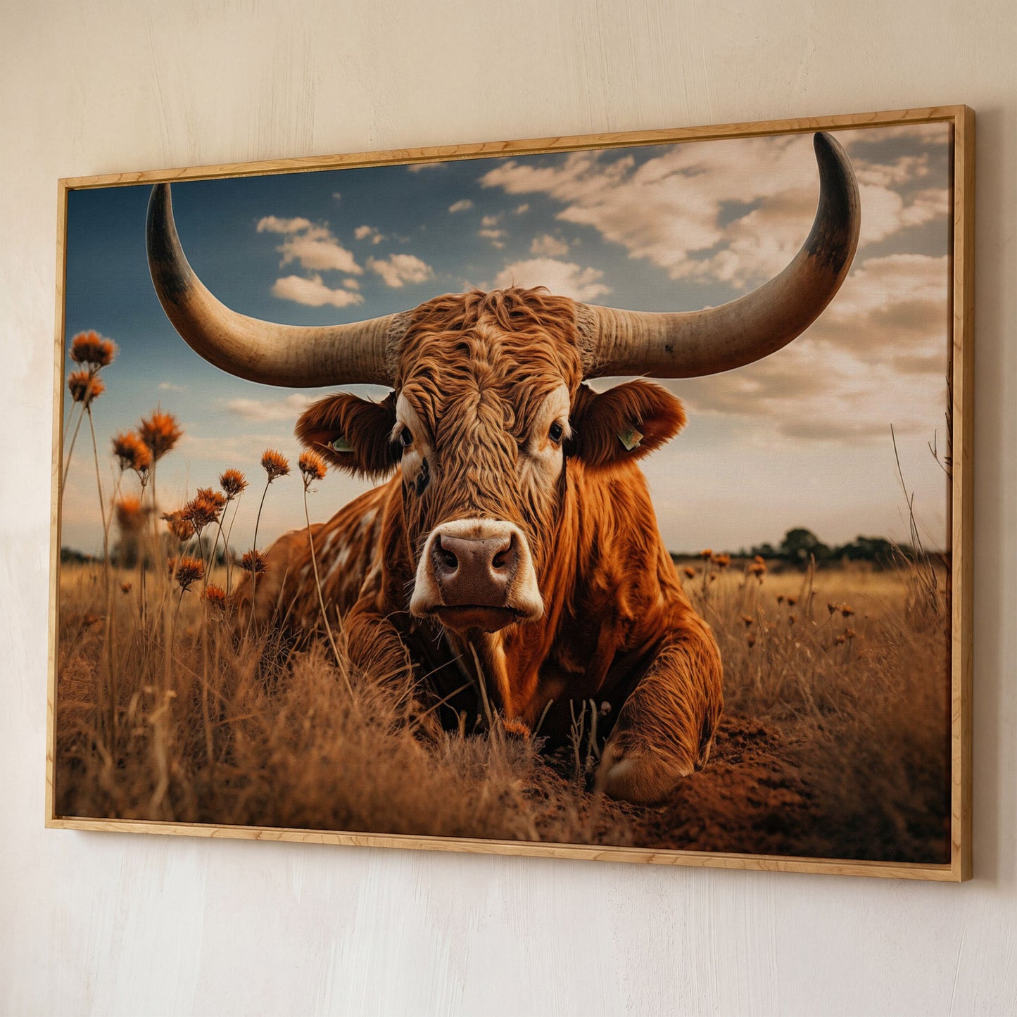 Texas Longhorn Cow Canvas Print for Rustic Interiors shown in white oak floating frame