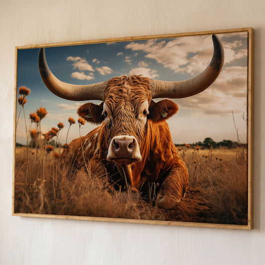 Texas Longhorn Cow Canvas Print for Rustic Interiors shown in white oak floating frame