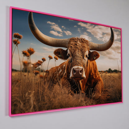 Texas Longhorn Cow Canvas Print for Rustic Interiors in pink floating frame