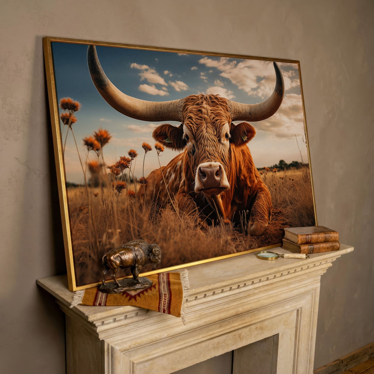 Texas Longhorn Cow Canvas Print for Rustic Interiors in rose gold floating frame